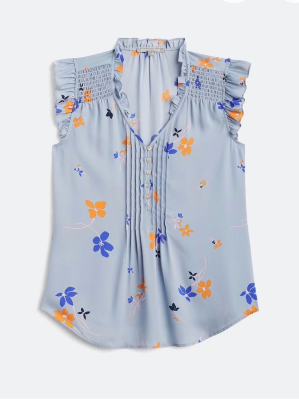 Daniel Rainn Light Blue Floral Pintuck Ruffle Sleeve Blouse